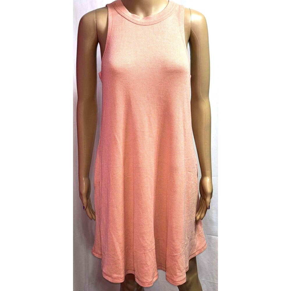 Summer Peach Mini Tank Dress Sleeveless Ribbed Beach Coverup Boho Pockets Sz M